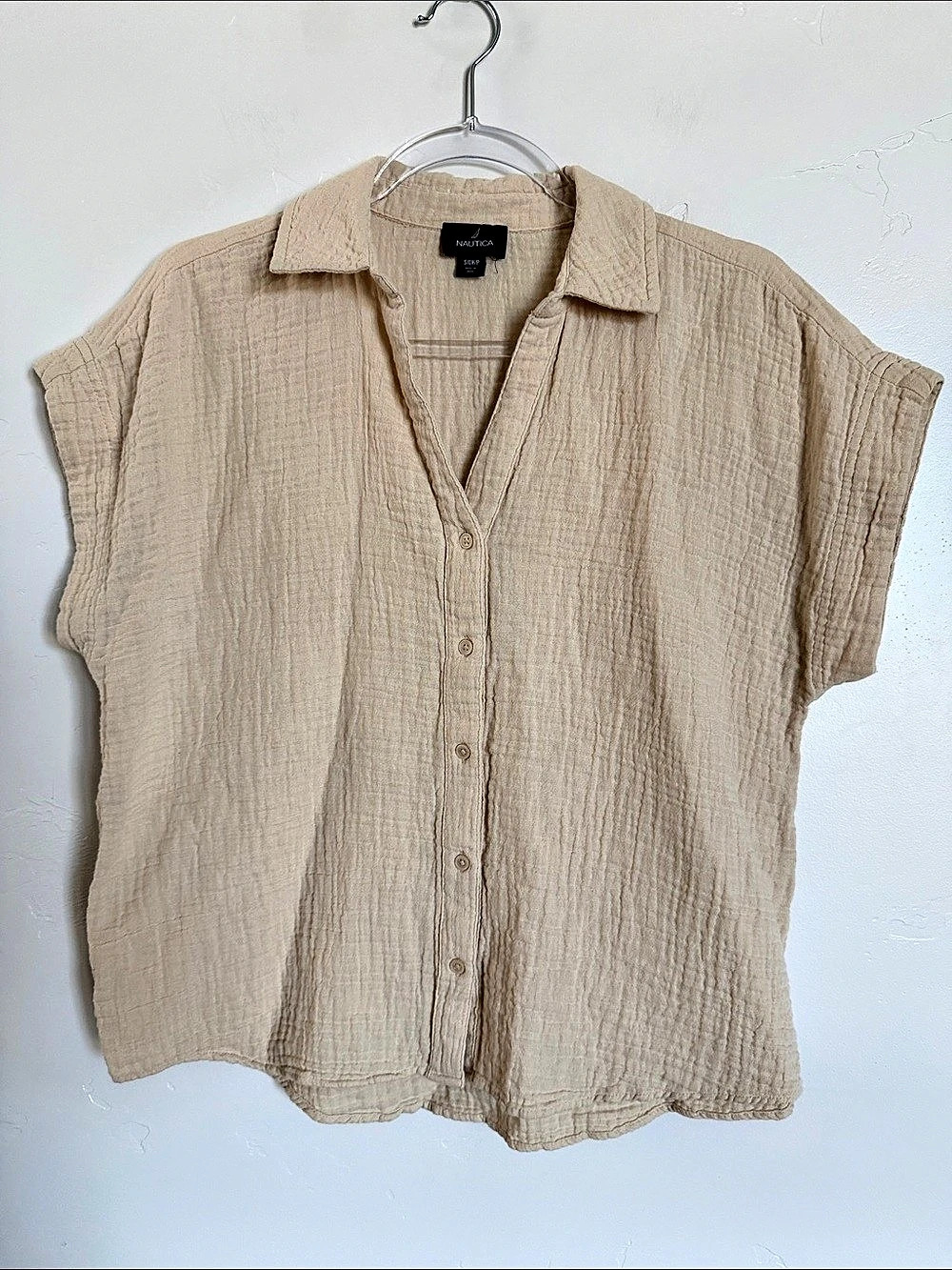 Nautica Cotton Button Down Boxy Top in Beige Small Like New